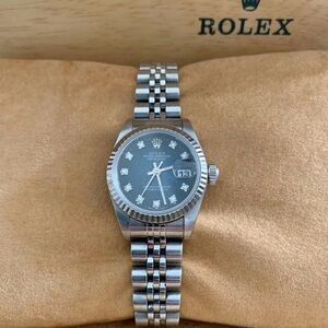 ROLEX STAINLESS OYSTER PERPETUAL DATE W/ BLUE DIAMOND DIAL